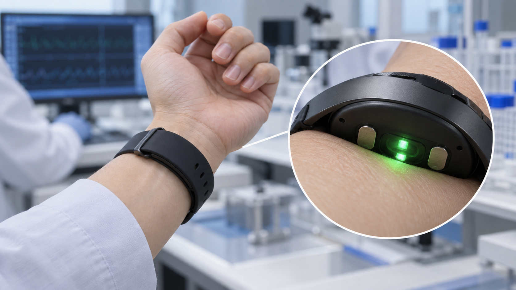 Concept image: the green light and electrodes on the back of a wrist-worn device touching the skin to pick up signals