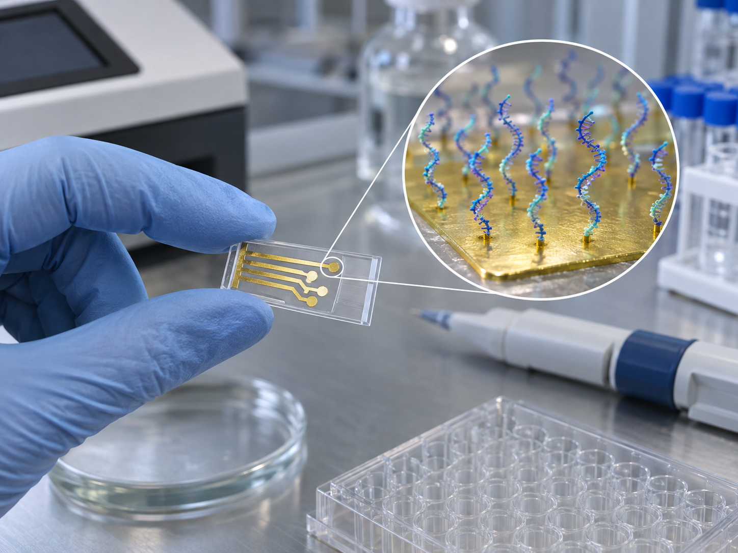 Fig. 4: the gold electrode of a disposable electrode chip, and the nucleic-acid film on its surface (with a magnified window)