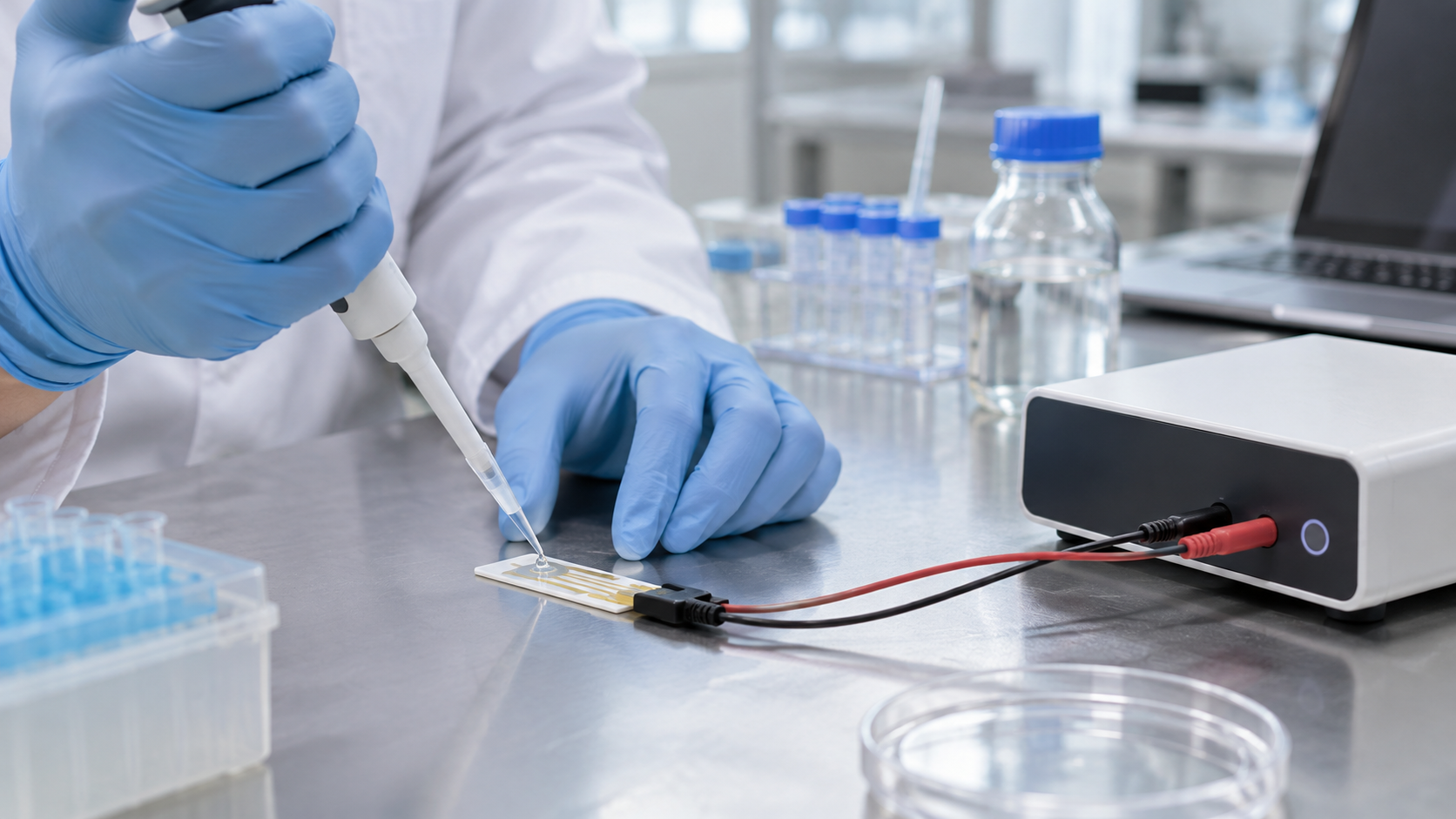 Hero image: dropping a sample onto an electrode chip at a lab bench and connecting it to an electrochemical meter