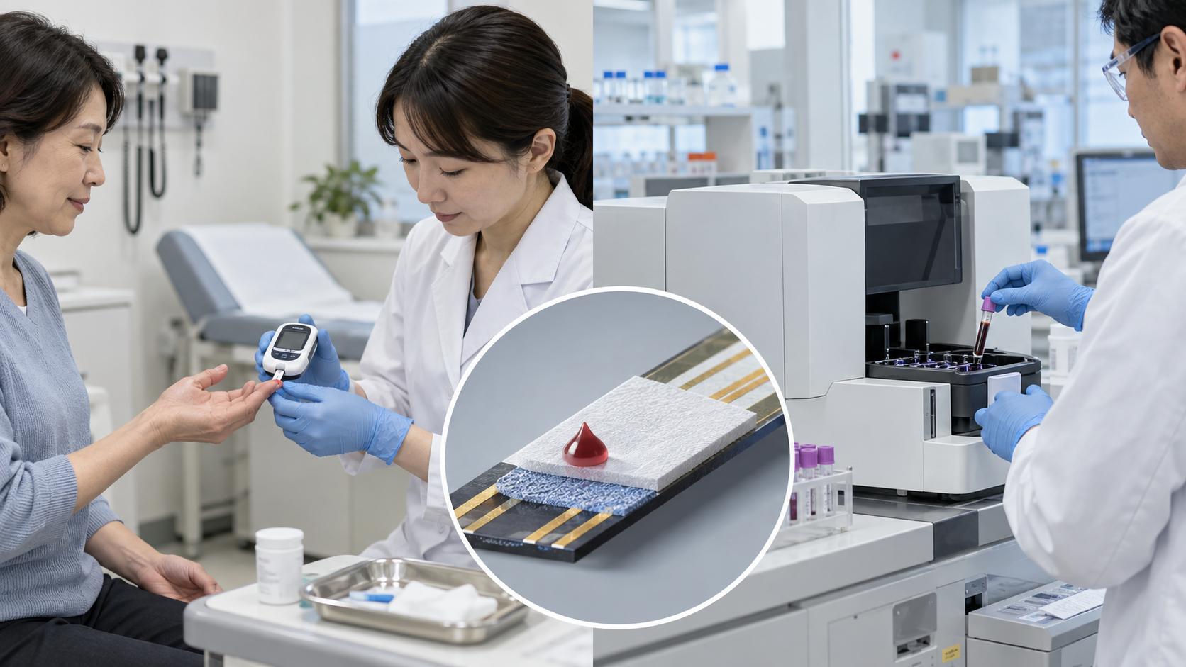 Concept image: a handheld glucose meter in a clinic room beside a benchtop analyzer in a laboratory, with an enlarged view of the inside of a test strip