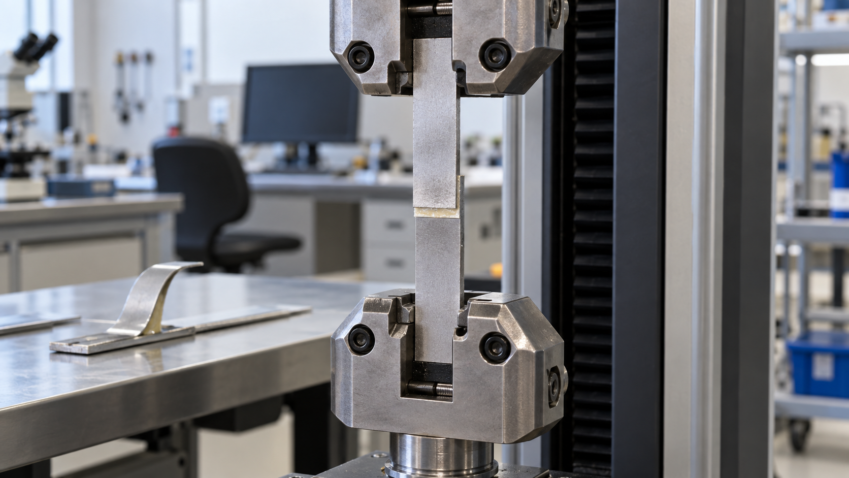 Hero image: a testing machine pulls a bonded metal specimen, and a broken specimen shows its fracture surface