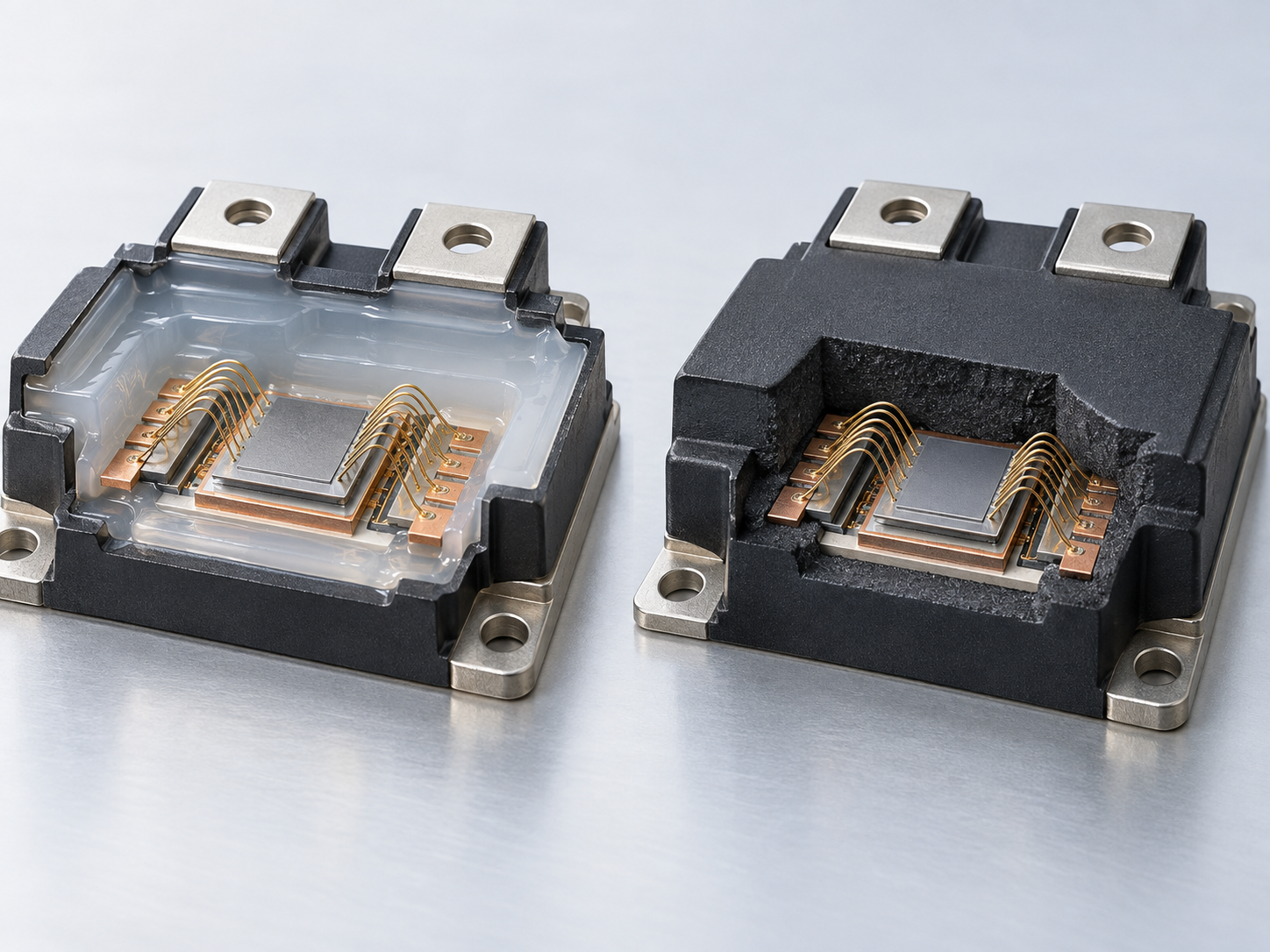 Fig. 5: cutaway of a gel-encapsulated module and an epoxy-moulded module