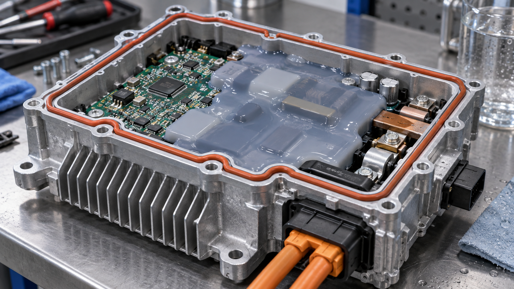 Hero image: a cutaway display model of the inside of an EV battery pack