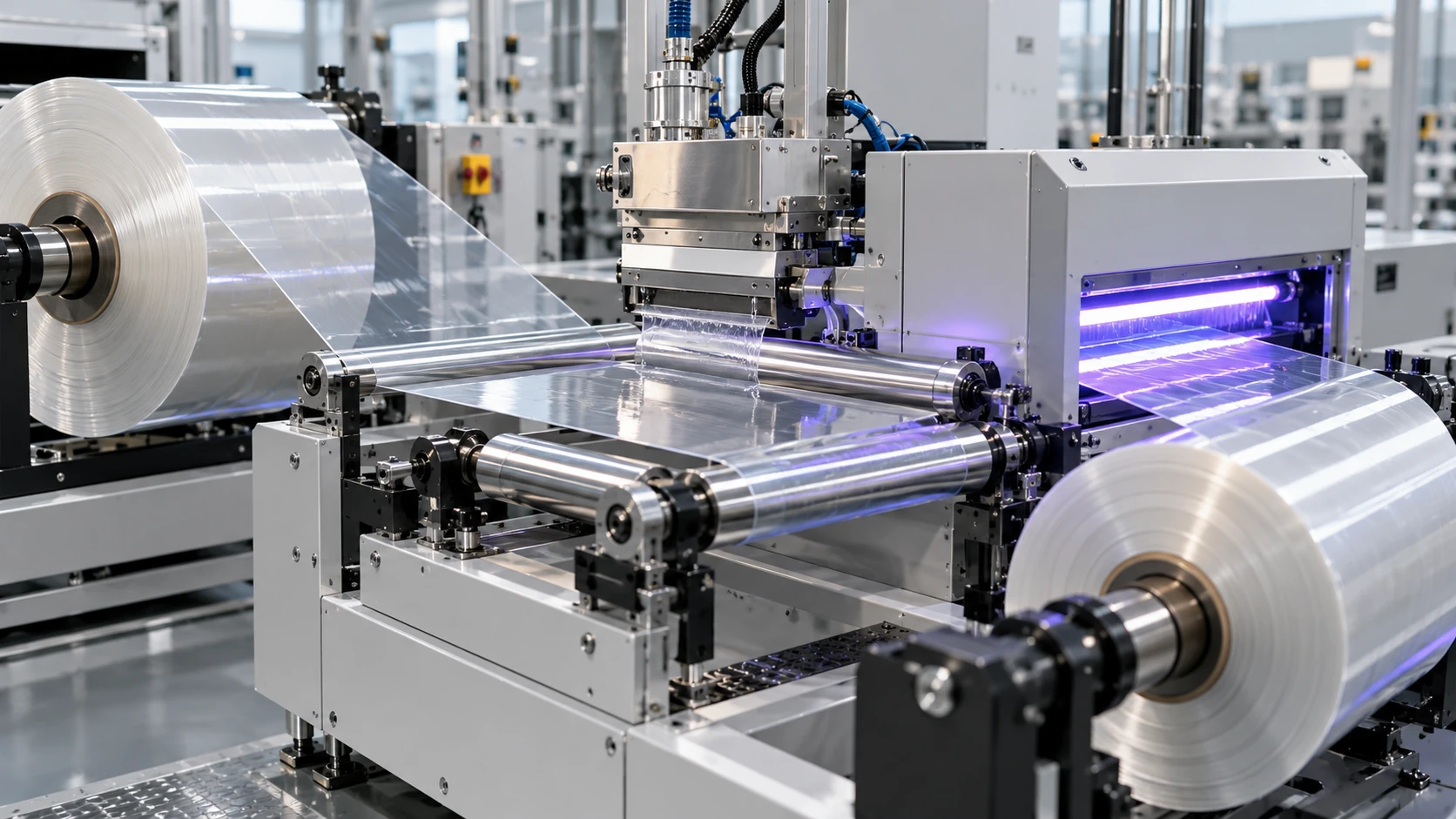 Conceptual image of a bright pilot plant in which a transparent film leaves an unwind roll, receives a uniform thin liquid layer from a coating head, passes under a UV lamp unit and is wound onto a take-up roll