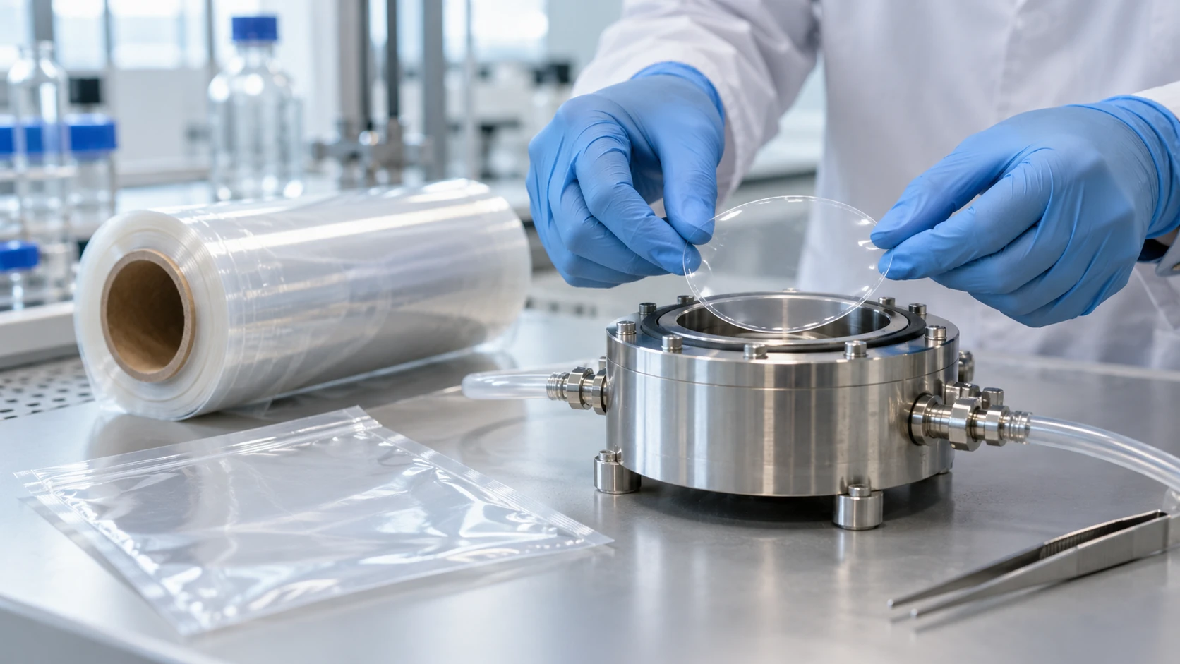 Conceptual image of a bright test room in which a gloved hand loads a round transparent film specimen into a measurement cell, with a roll of film and plain transparent pouches in the background