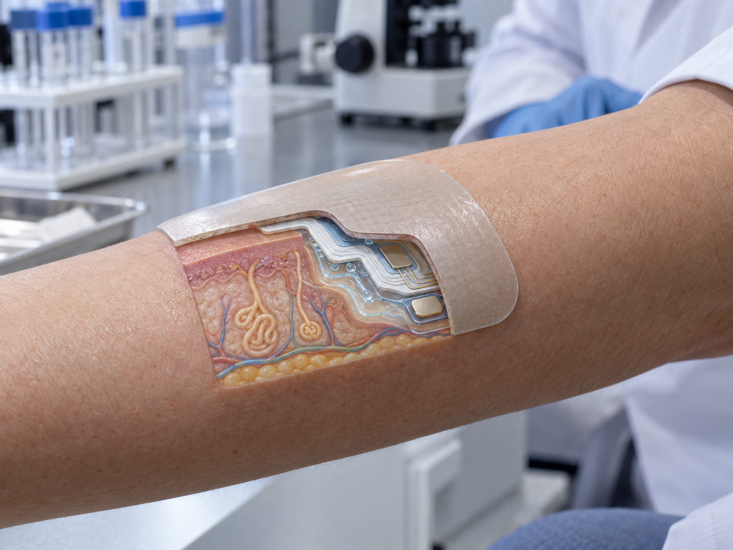 Fig. 5: cut-away of a sensor patch on a forearm (skin, sweat gland, adhesive, microchannel, electrode)