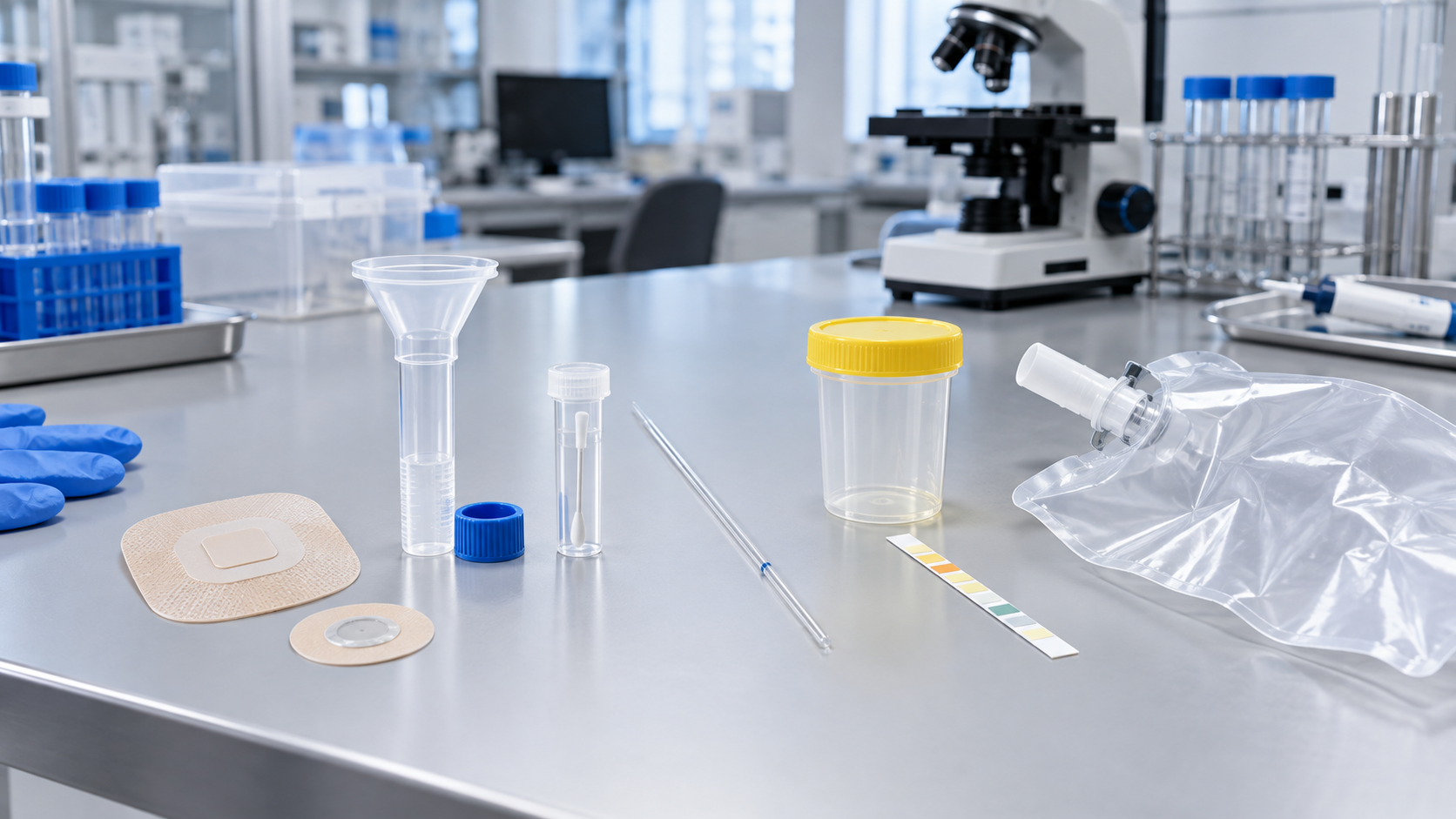 Hero image: a lab bench with tools for different body fluids (sweat patch, saliva collection, tear capillaries, urine test strips, breath bag)