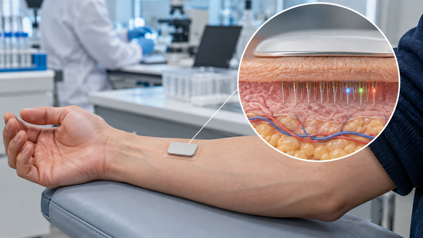 Concept image: a sensor worn on the inner forearm, and a magnified window of microelectrodes in the intradermal layer