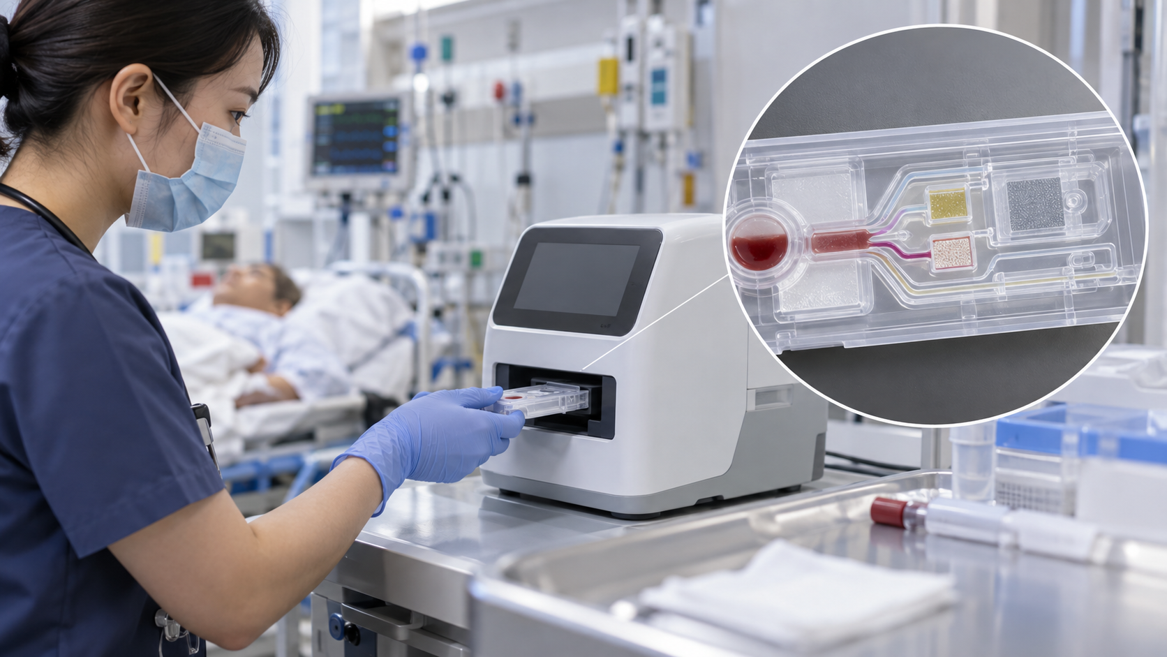 Concept image: a small benchtop analyzer taking a single-use cartridge in an emergency department, with an enlarged view of the cartridge interior