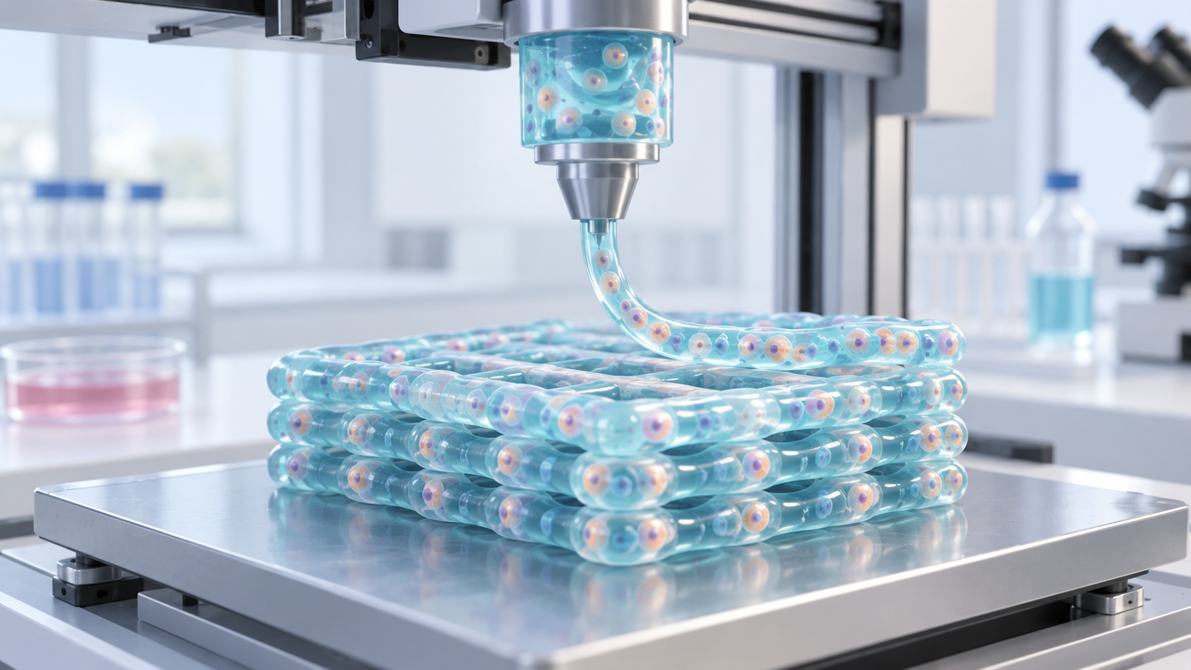 Three-dimensional concept illustration of a bioprinter nozzle depositing cell-laden translucent hydrogel in layers on a printing stage