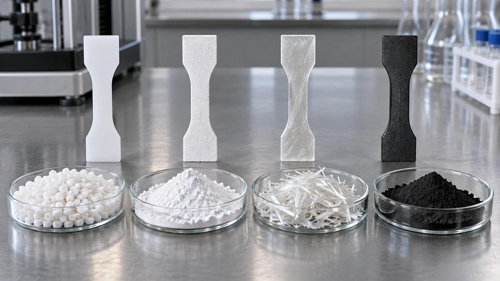 Conceptual image of glass dishes on a laboratory bench holding resin pellets, white powder, short glass fibres and black powder, with four molded parts of the same shape standing behind them, each made with the material in front