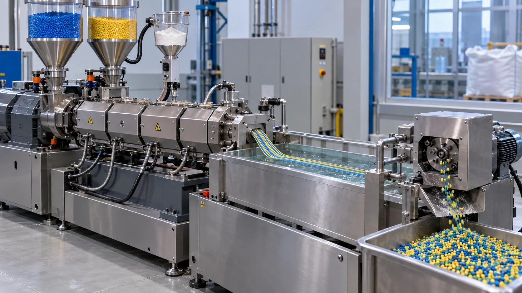 Conceptual image of a factory line in which pale grey and pale blue-grey resin pellets from two hoppers and a white powder from a side feeder enter a twin-screw extruder, and the strands that leave the die pass through a water bath and are cut into blended pellets