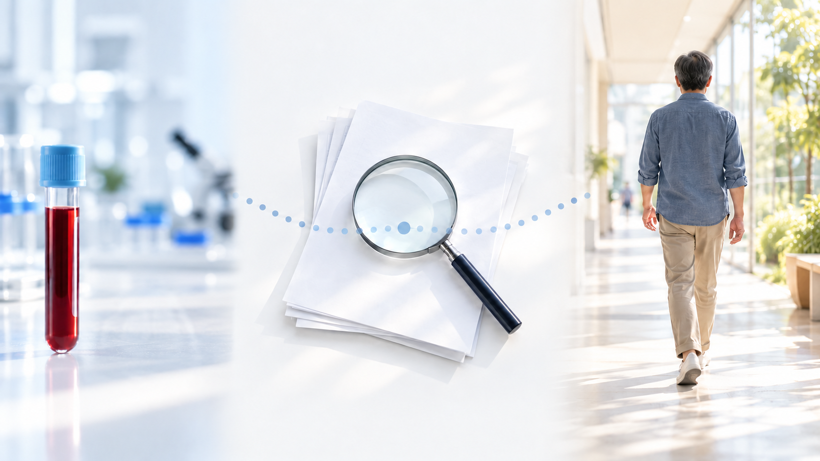 A blood test on the left, research papers and a magnifying glass in the centre, and a person walking in everyday life on the right