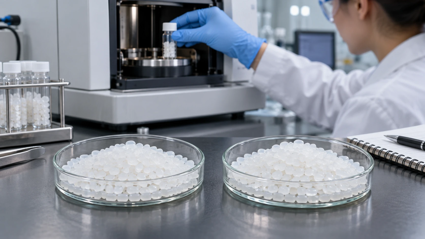 On a lab bench, two dishes of milky-white pellets that look exactly alike, with a gloved hand about to load a sample vial into a benchtop analyzer