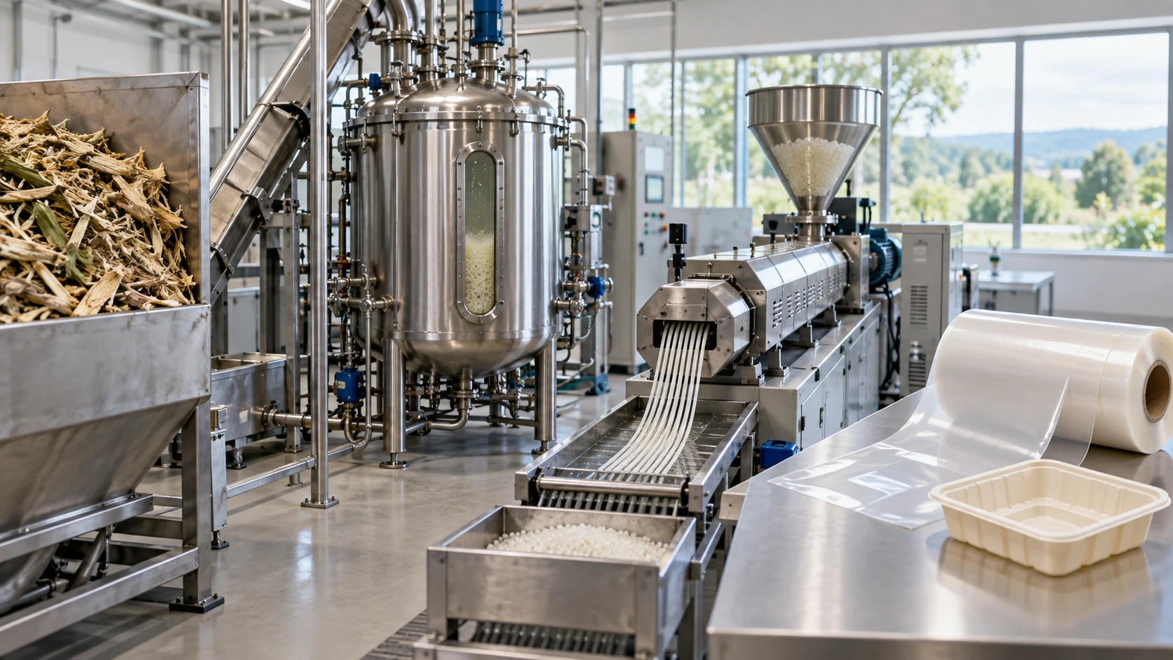 A clean pilot facility showing, from left to right, dried plant feedstock, a stainless-steel fermentation tank, resin strands and pellets coming out of an extruder, and plain moulded film and tray
