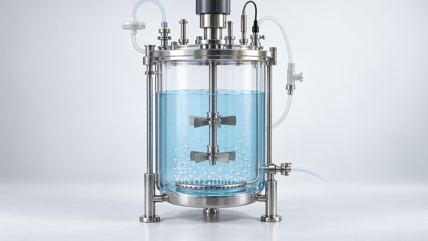 3D conceptual view of a transparent bioreactor with two submerged impellers on a central shaft and gas bubbles rising from a bottom sparger