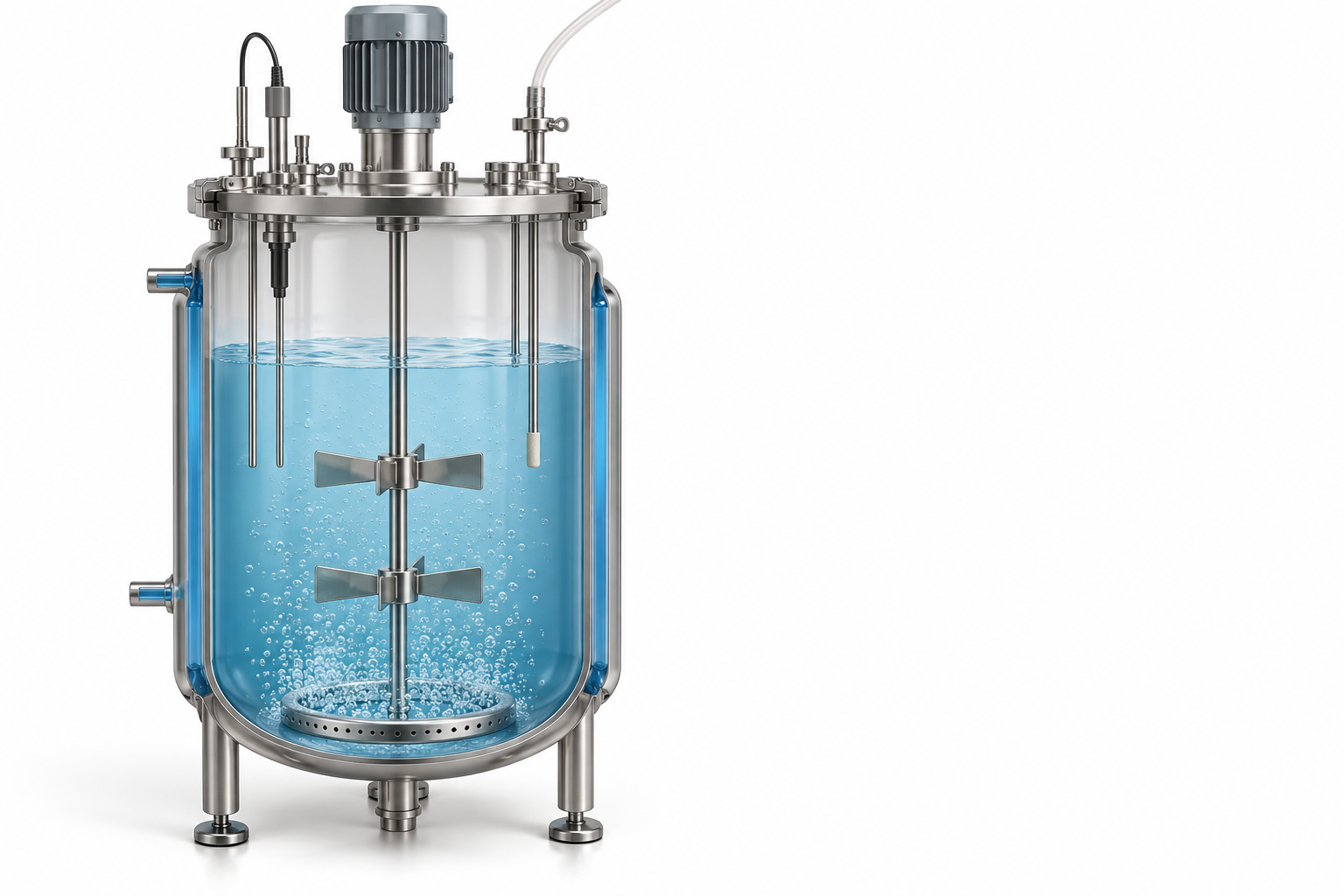 3D conceptual cutaway of a transparent stirred tank showing a motor-driven central shaft with two submerged impellers, liquid below a gas headspace, a bottom sparger, and an outer temperature-control jacket