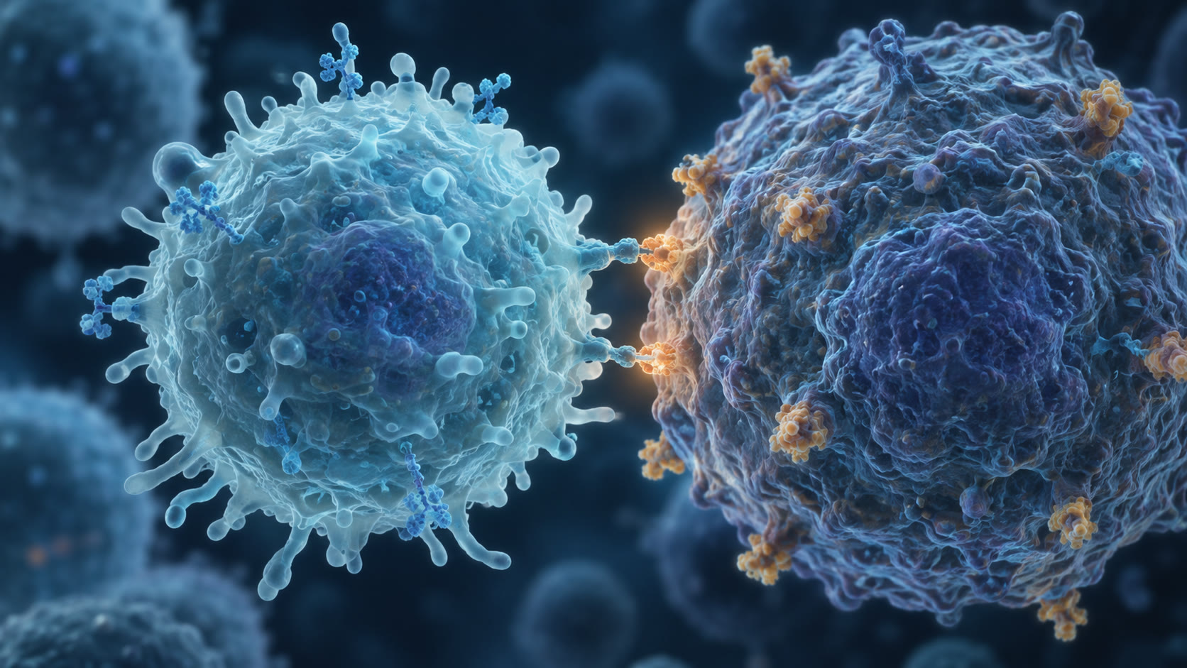 A CAR-T cell contacts a target cell through surface receptors