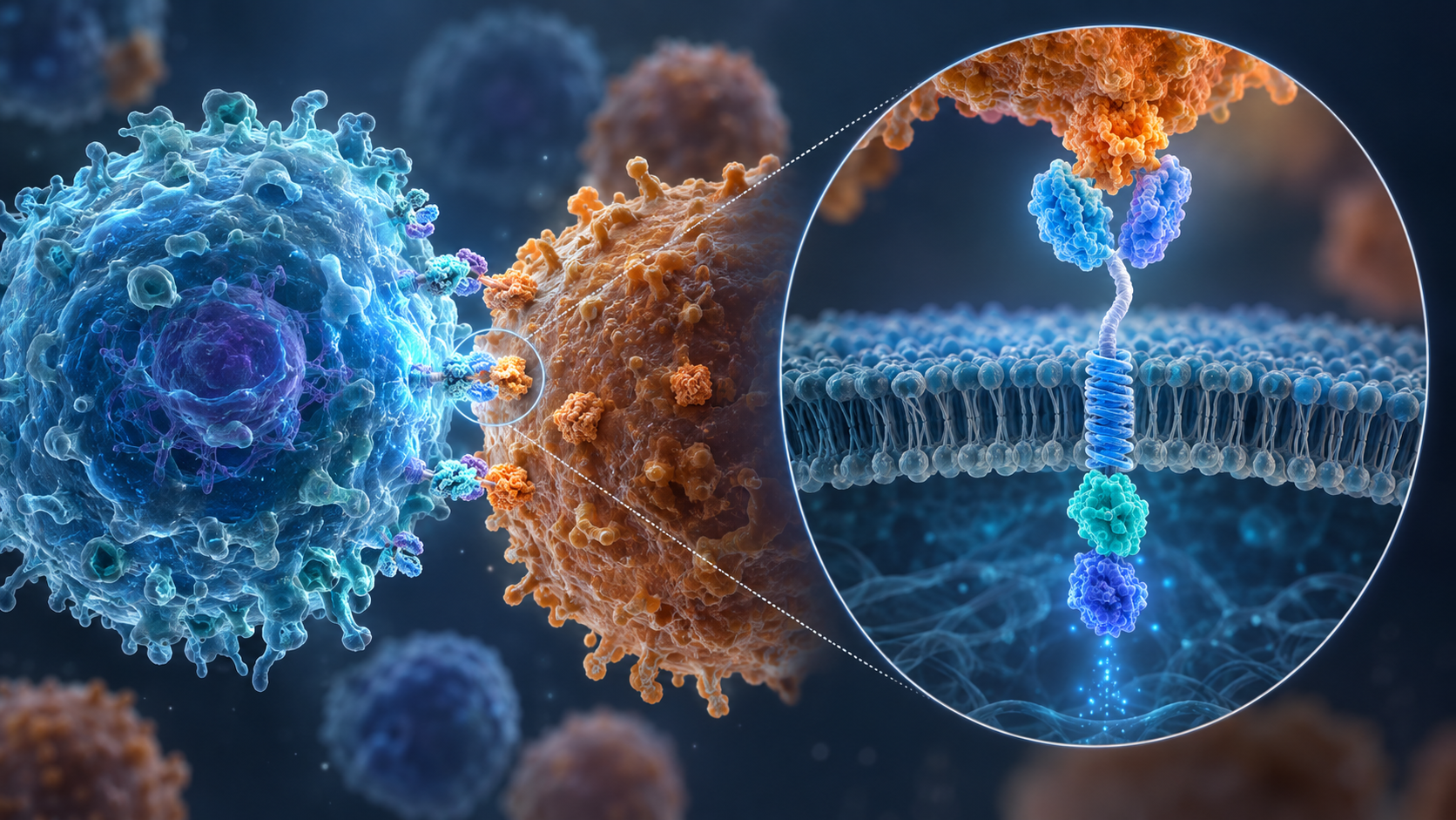 CAR binds a target-cell antigen while signalling domains face the T-cell interior