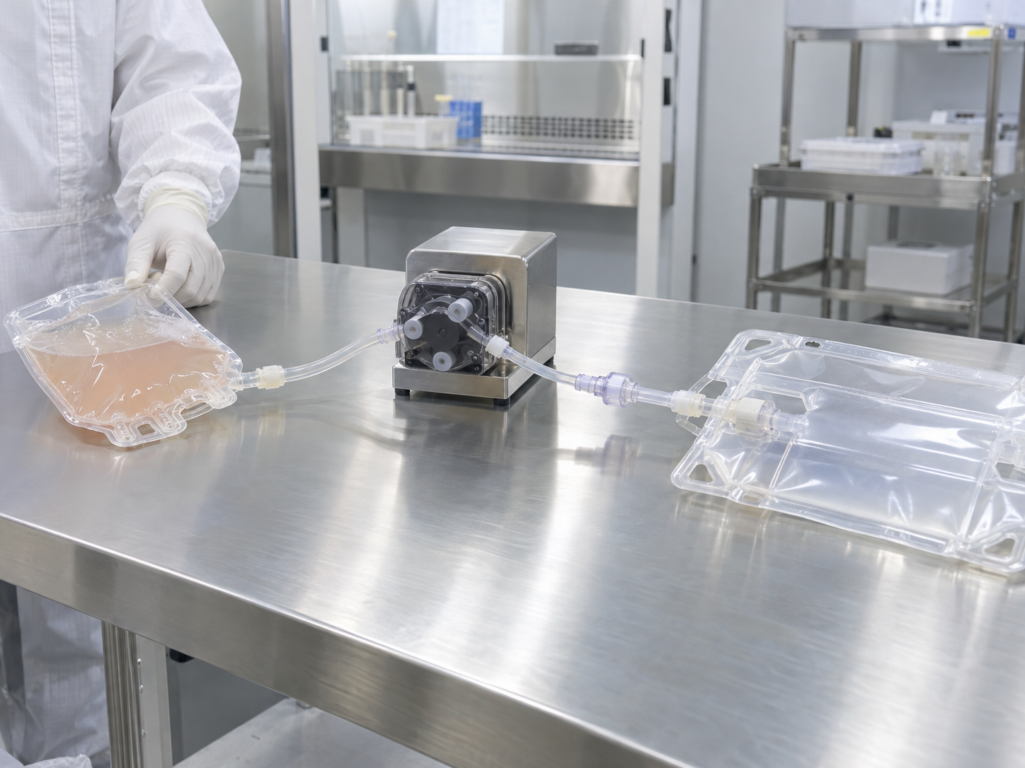 Conceptual image of a sealed source bag connected by tubing through a pump and aseptic connection to a sealed receiving bag