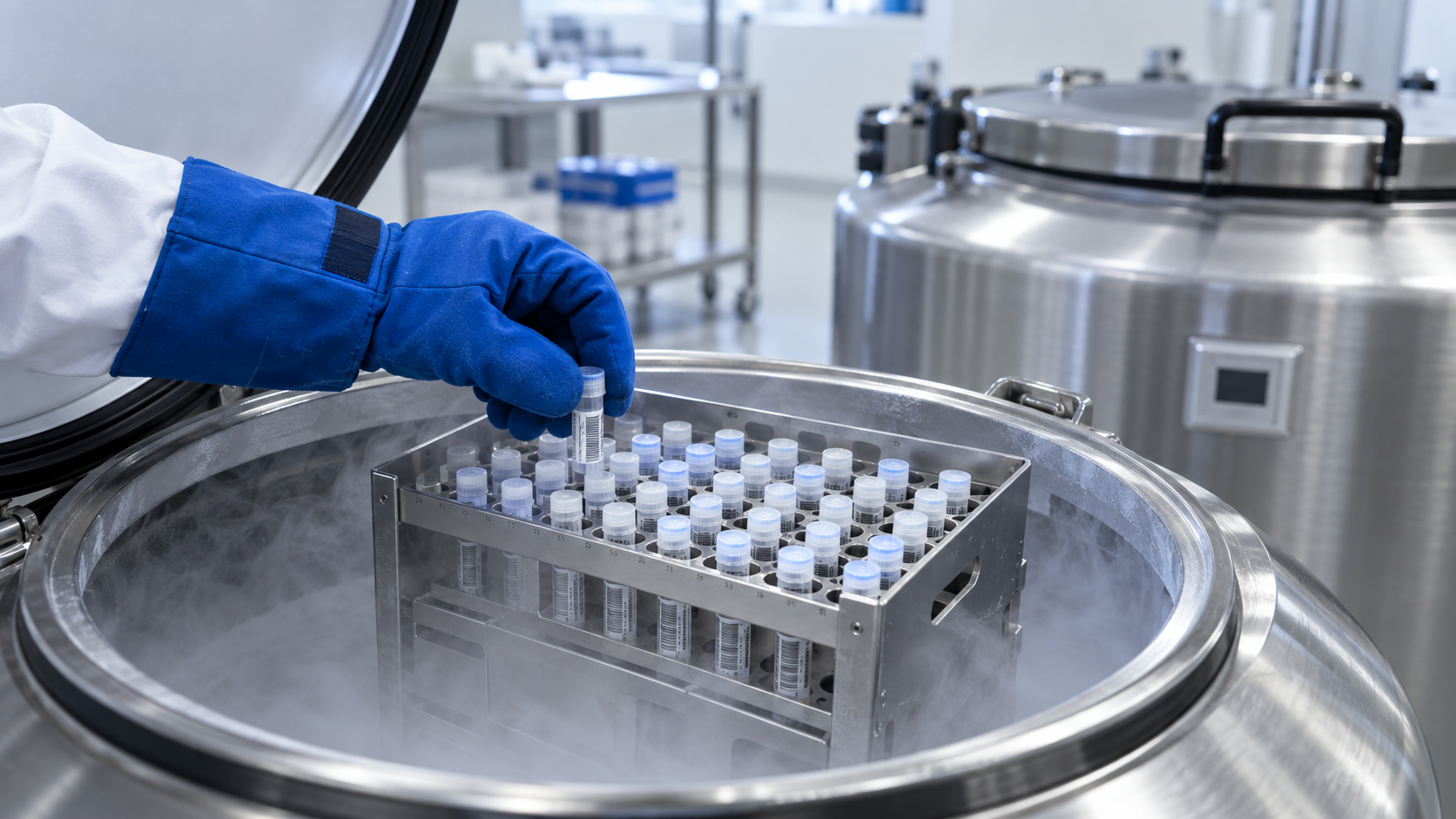 Conceptual image of a worker wearing cryogenic gloves retrieving an identified cryovial from a rack inside a cryogenic storage vessel