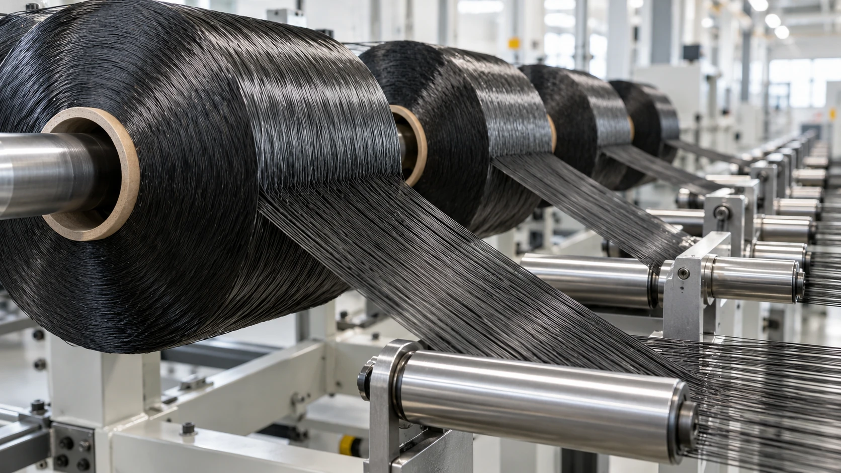 Conceptual image of a bright workshop in which flat bands of black carbon fibre tow are unwound in parallel from several bobbins and run through guide rollers toward the back