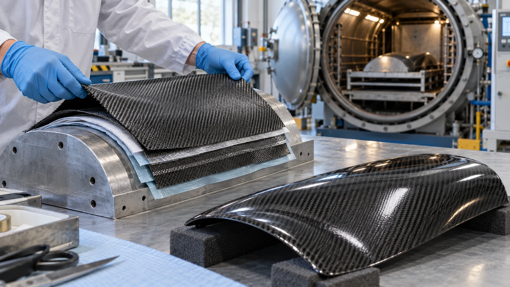 Conceptual image of a bright workshop in which gloved hands lay black carbon fibre sheets one by one onto a curved mold, with a heated pressure vessel at the back right and a cured black twill-pattern panel leaning at the front right