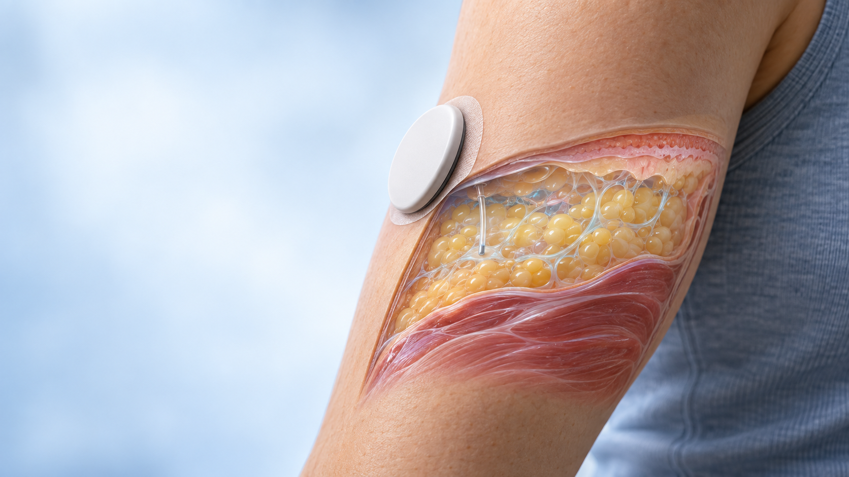 Hero image: a sensor patch on the upper arm, with a cut-away of the skin