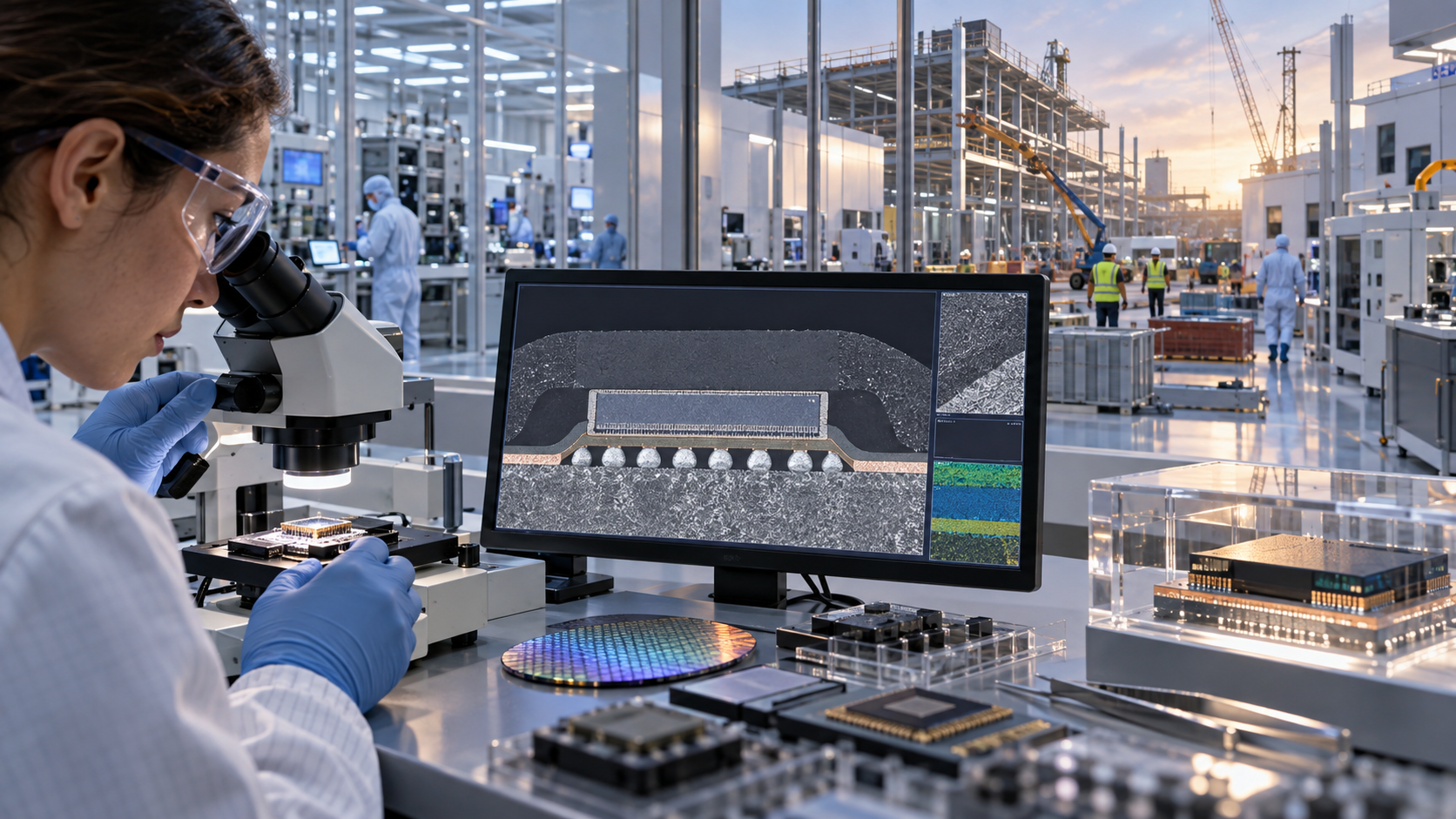 Conceptual view of US and EU semiconductor policy supporting research and manufacturing; not a depiction of actual procedures or facilities.