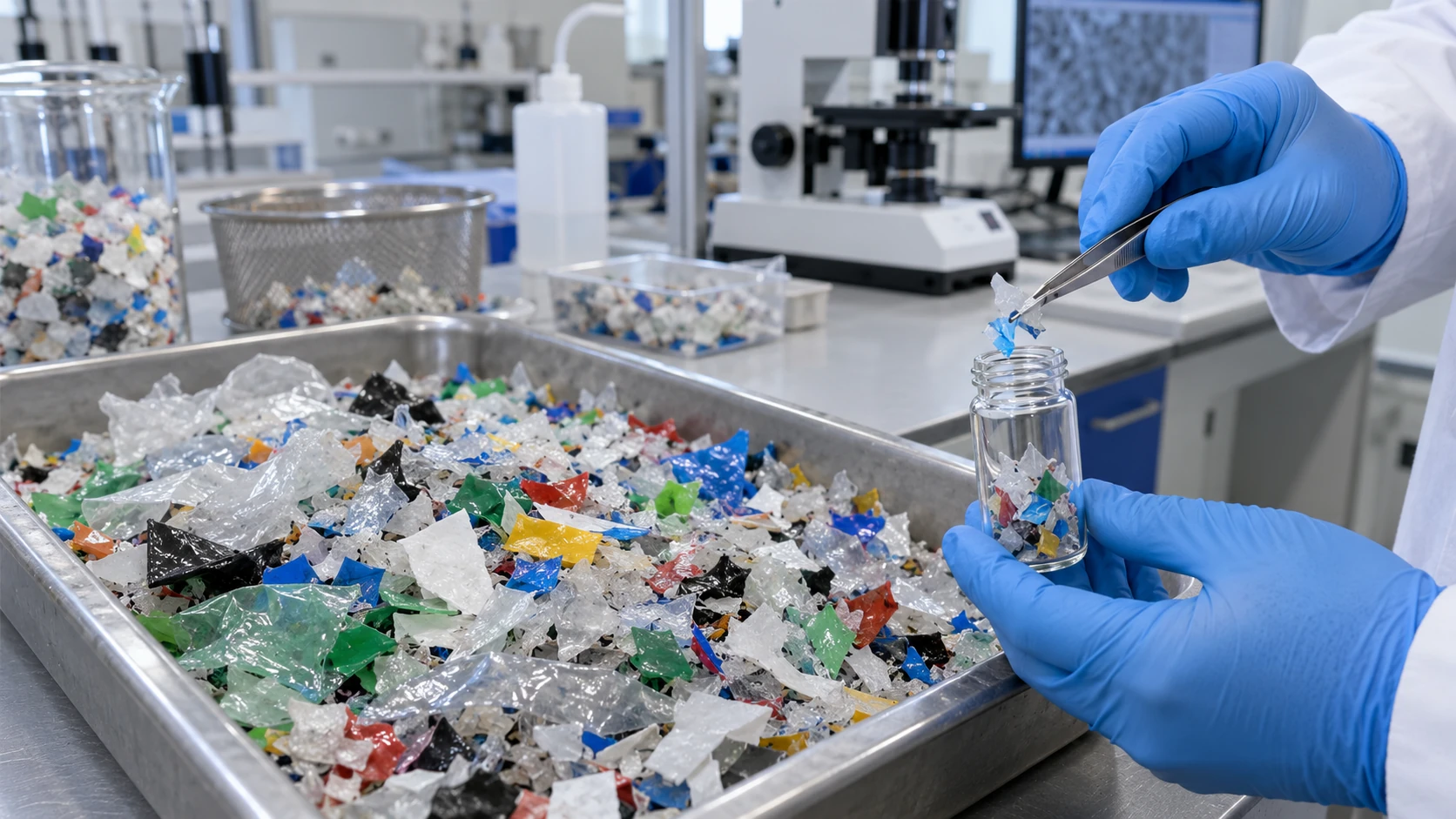 In a clean pre-treatment area, a gloved hand scoops a sample from a tray of washed pieces and film scraps of mixed shapes and colours into a glass jar, with a benchtop analyzer ready to examine it