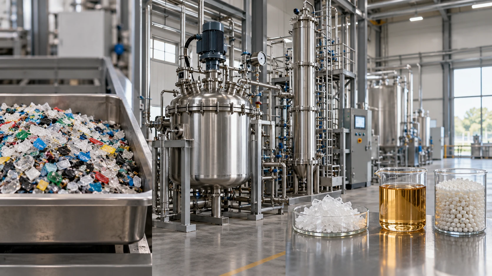A clean pilot facility showing, from left to right, crushed waste-plastic pieces, a stainless-steel reactor and distillation column, and the products: white monomer crystals, pale amber oil and milky-white recycled pellets