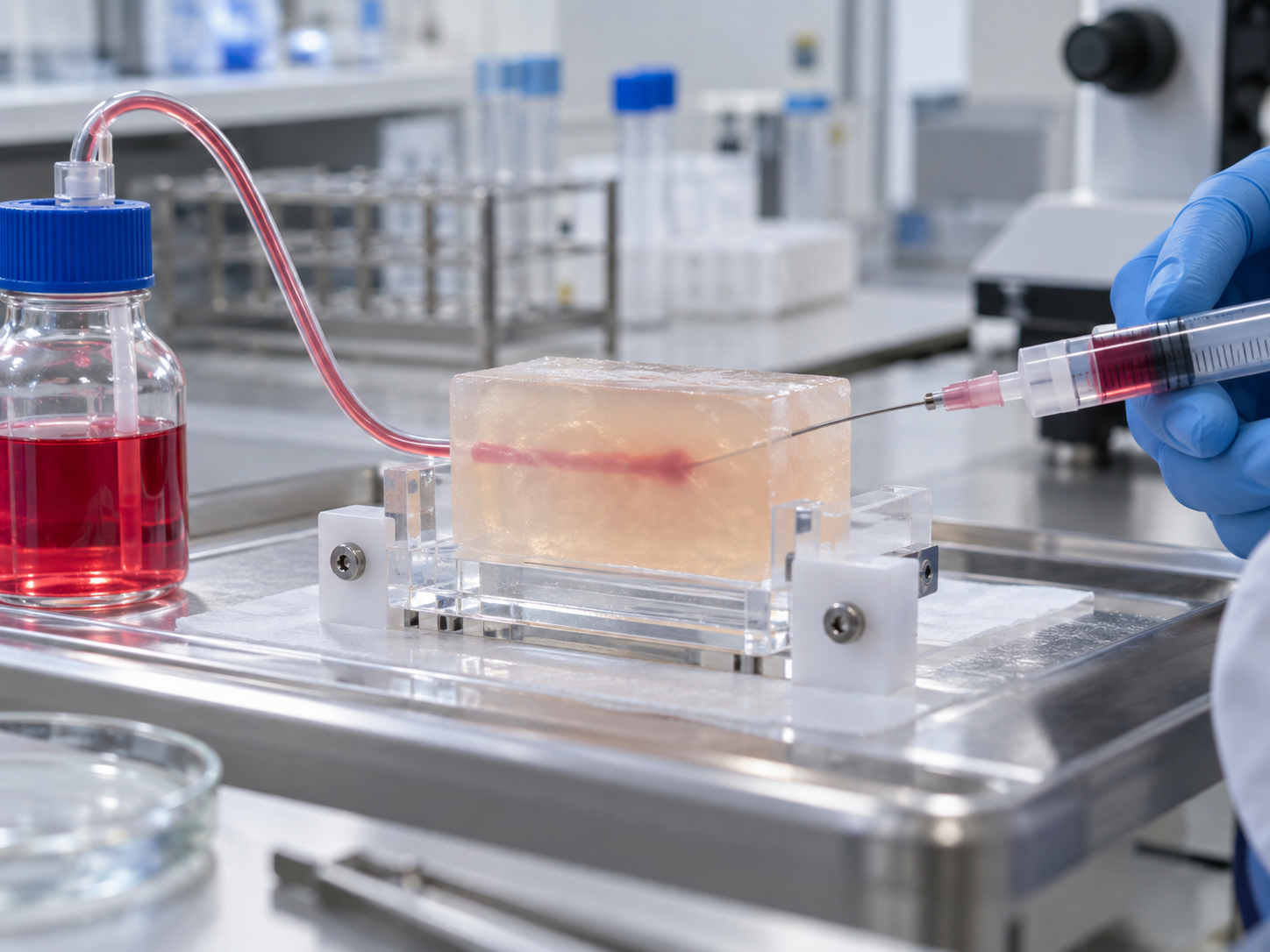 Fig. 5: a cannula in a gel block, and coloured liquid flowing through the pathway