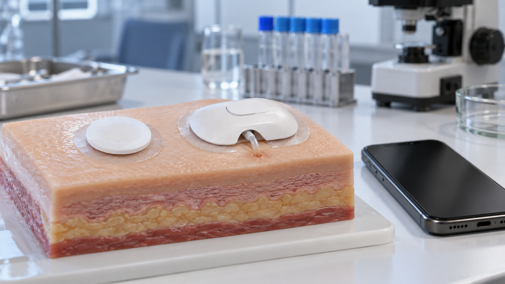 Hero image: a sensor patch and a pump patch on a skin model, with a smartphone