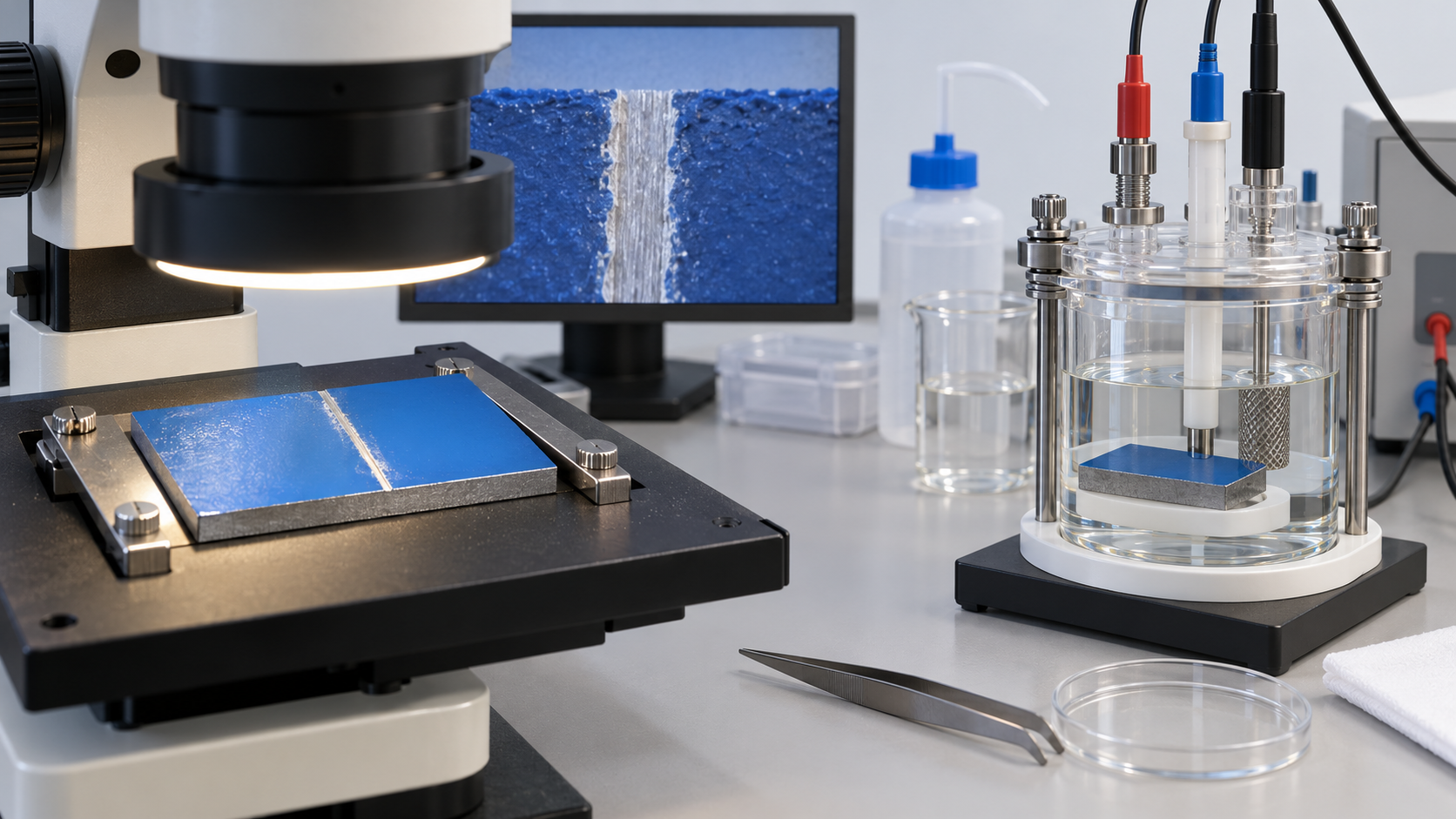 A coating defect is inspected while a separate coupon undergoes electrochemical testing