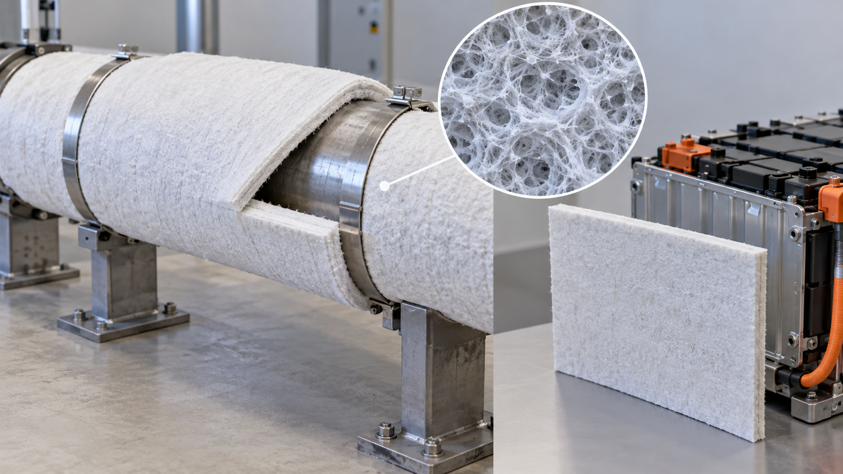 Pipe insulation and a battery thermal-barrier sample are shown separately