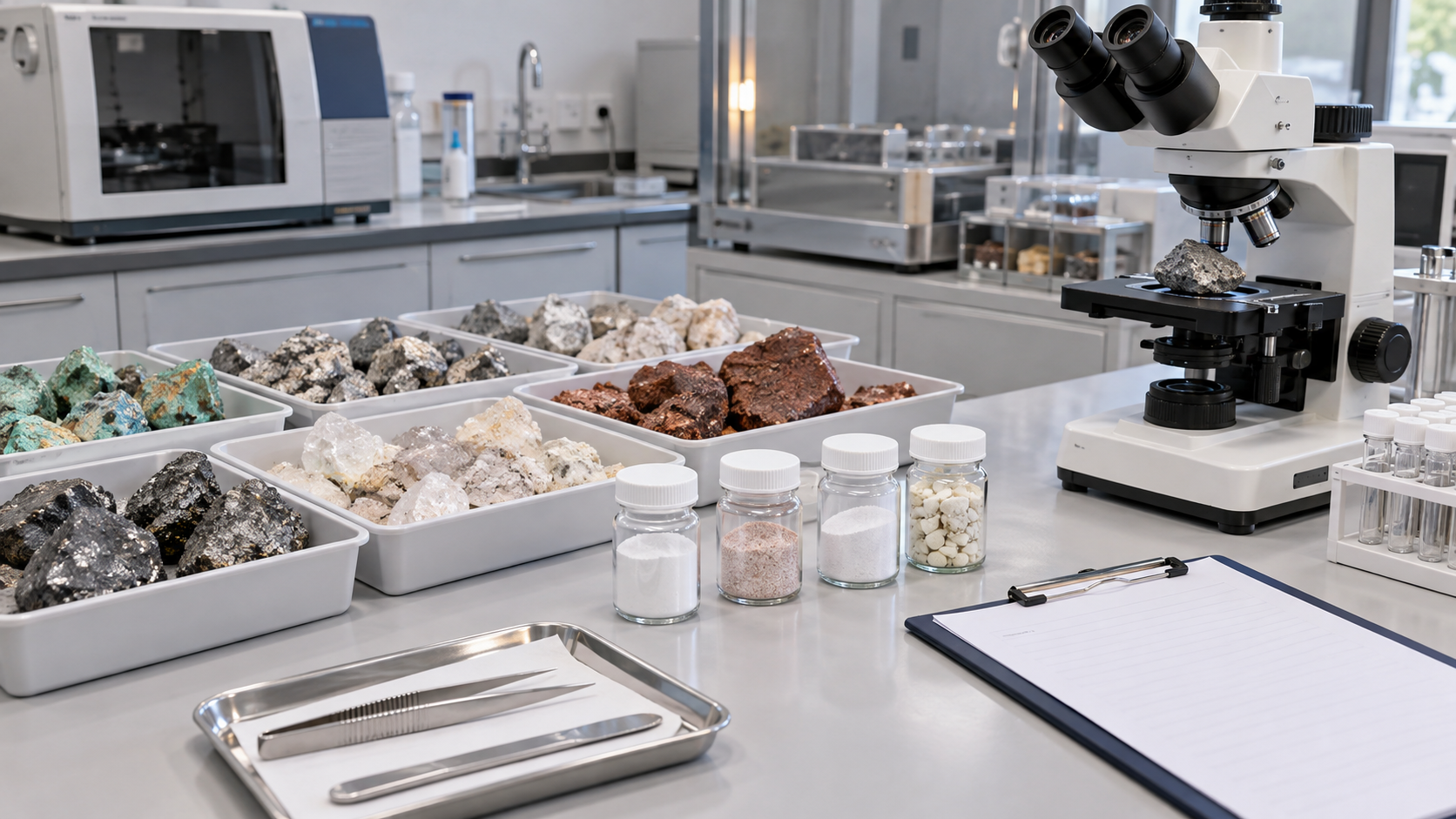 Ore specimens and processed feedstocks are examined separately