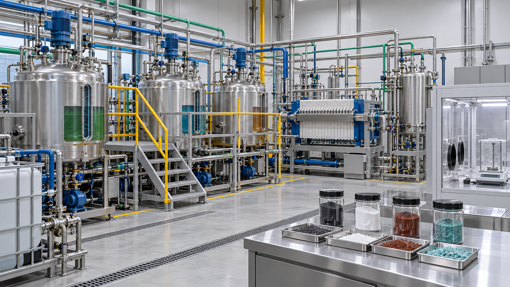 Reaction, separation, refining and quality control are illustrated