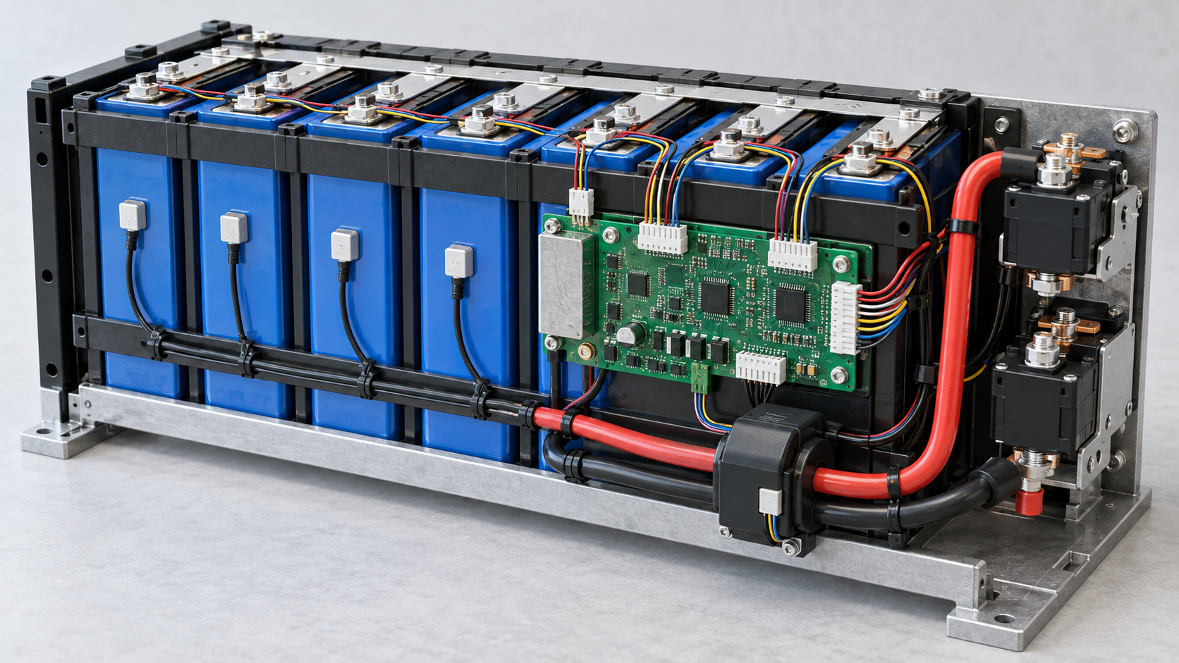 Identify cell-voltage harnesses, the current sensor, temperature probes and the control board