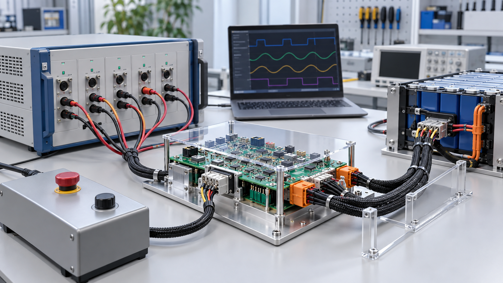 A cell simulator and instruments test BMS responses