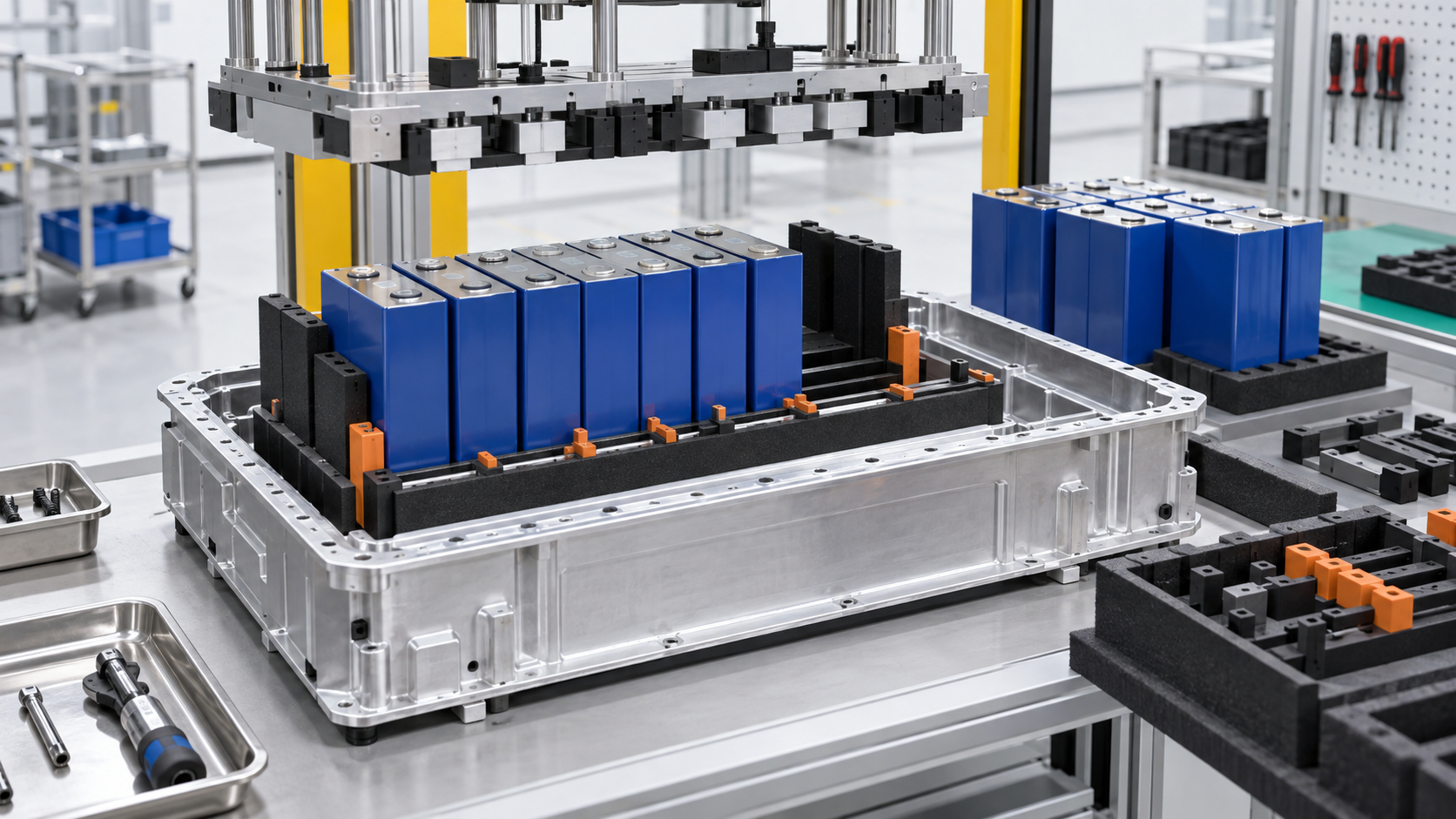 Prismatic cells are placed in an aluminium pack tray