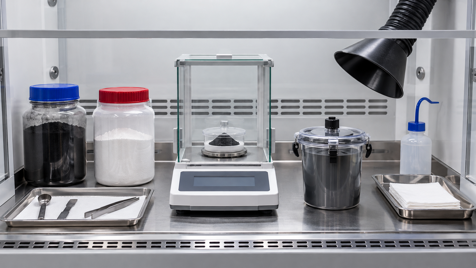 Conductive additive and binder are weighed under containment