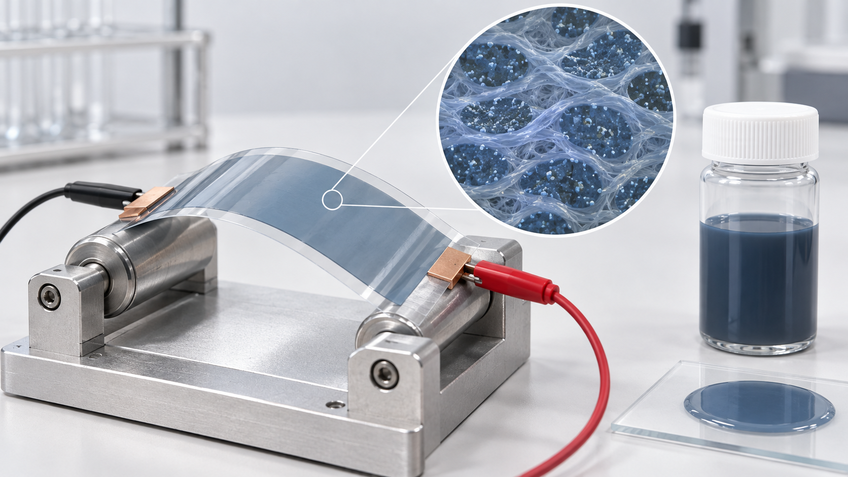 A conductive coating on a flexible substrate is shown beside its dispersion