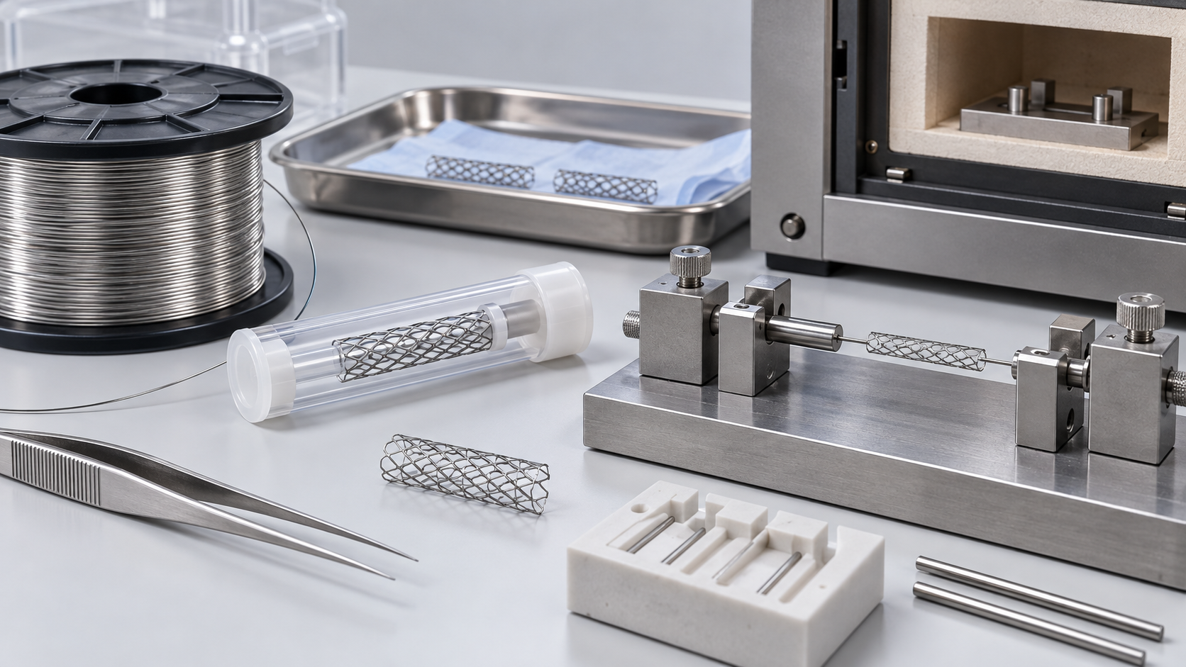 Nitinol wire, a tube-derived component and a shape-setting fixture illustrate processing, not clinical use.