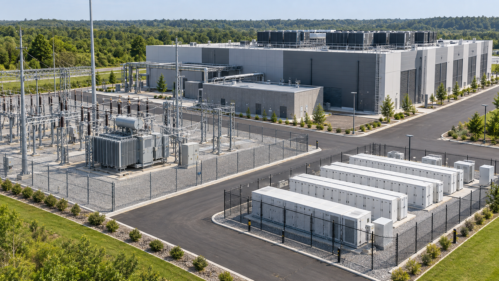 The server building, substation and outdoor storage units are shown separately
