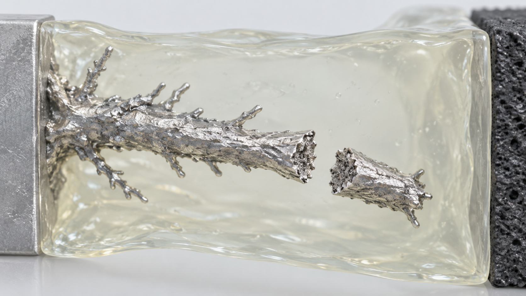 A magnified model illustrates fracture of a slender deposit