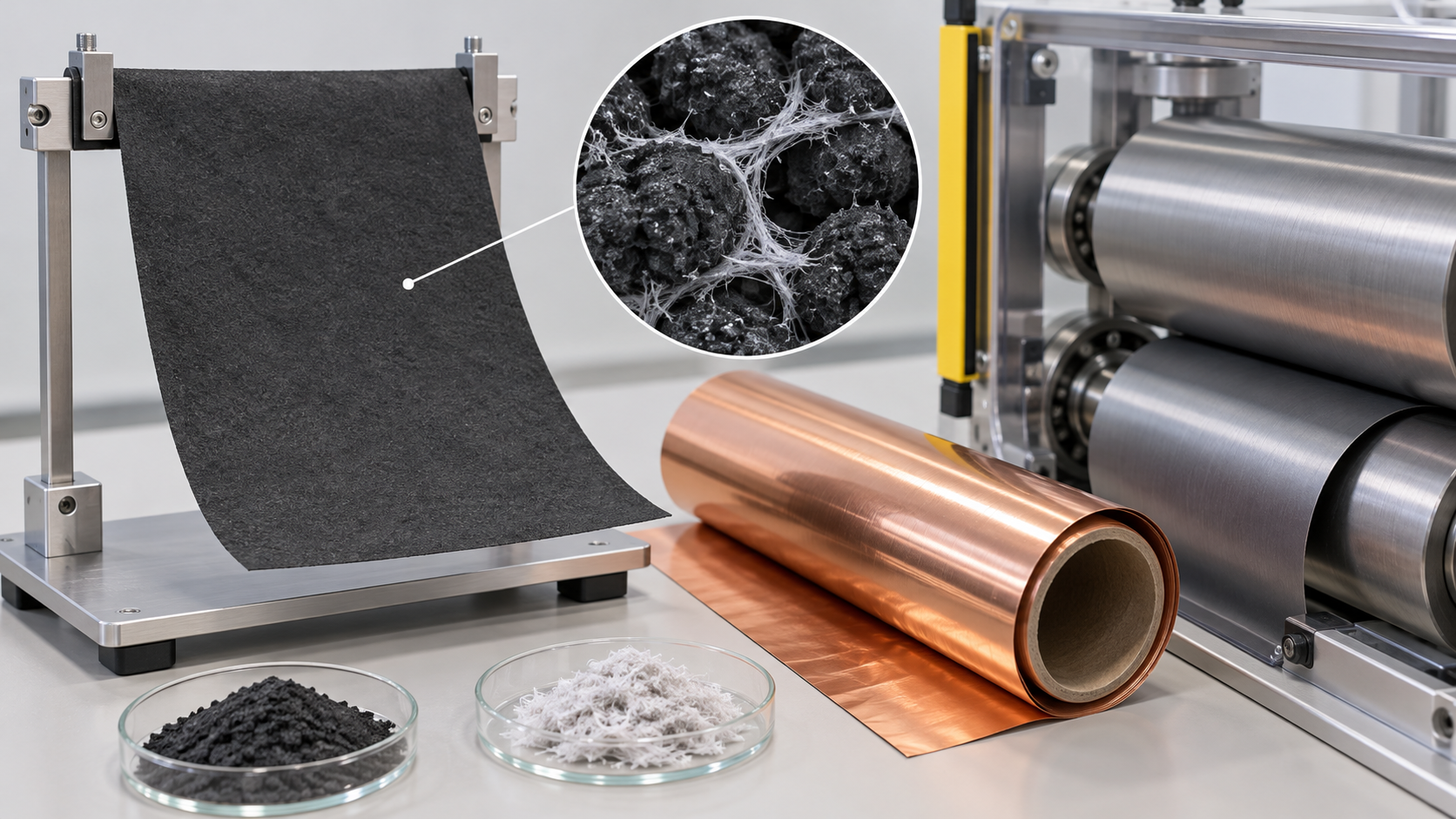 A free-standing electrode film is shown with an enlarged model of binder fibrils bridging particles