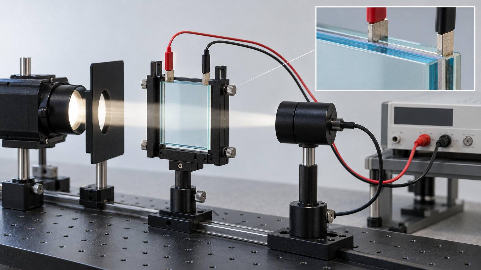 Voltage is applied through edge contacts while a separate detector measures transmitted light
