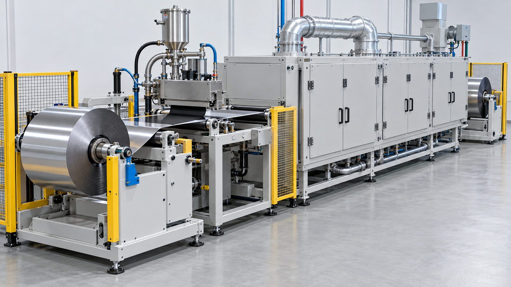 Metal foil is fed, coated, dried and rewound