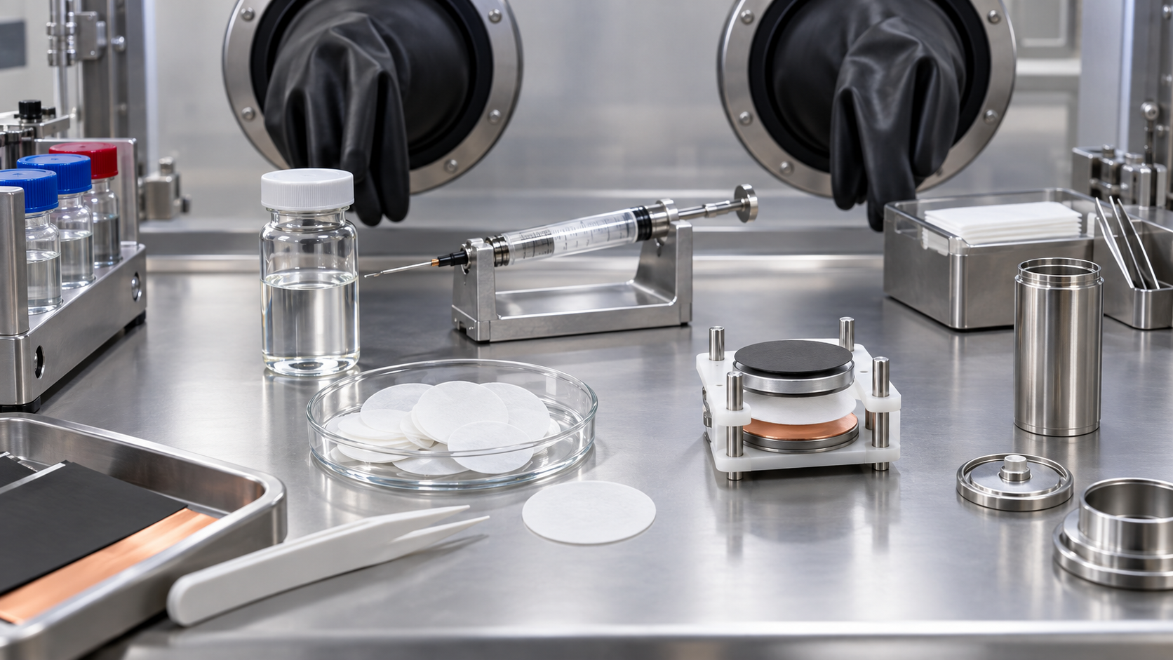 The assembly example shows metered electrolyte and separator placement