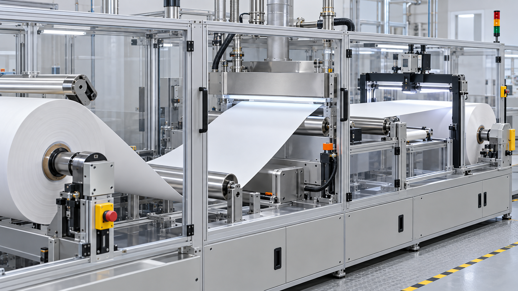 A thin white membrane passes through continuous coating and inspection equipment